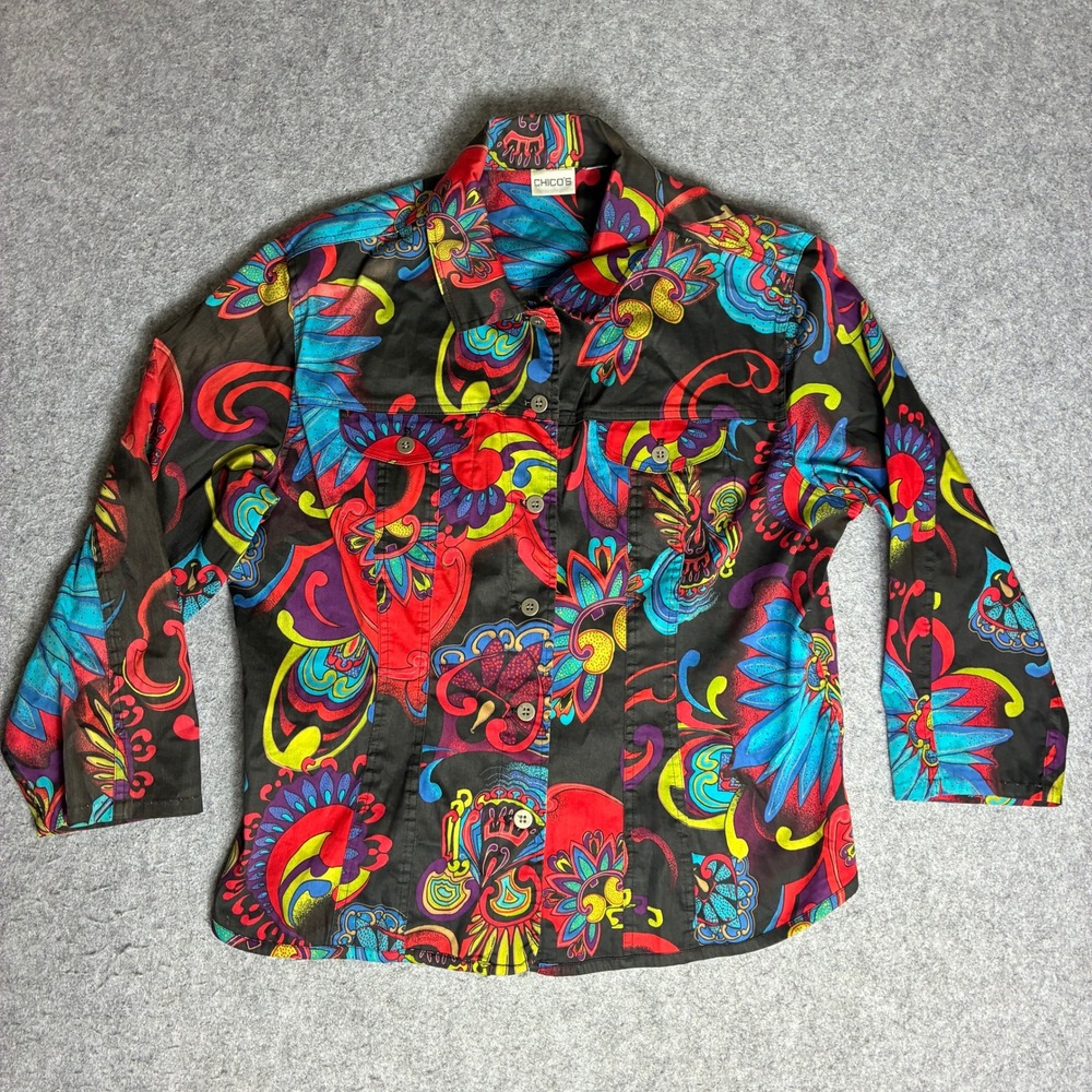 Chicos Womens Large Psychedelic Floral Button Down Jacket Multicolor 3/4 Sleeve